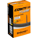 Continental Cross Tube 700x32-47C with 60mm Presta valve for cyclocross bike tires, showing the tube's packaging and valve.