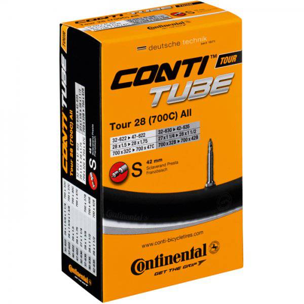 Black Continental Tour Tube inner tube with 700x32-47C size and 40mm Schrader valve for bike tires.
