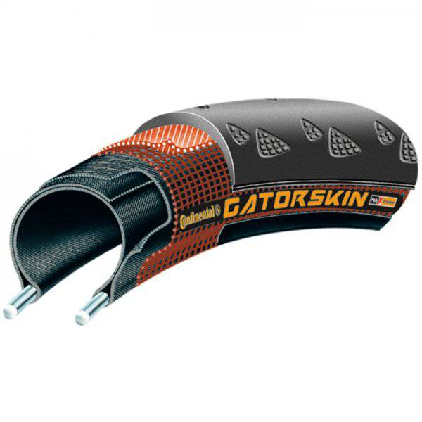 Continental Gatorskin Duraskin black folding bike tire showing tread pattern and sidewall details, durable and puncture-resistant cycling component.