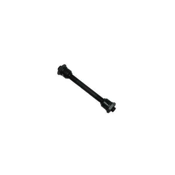 Cyclo Tools Q/R front axle M9x108mm for standard bike hubs, showing the metal axle with quick-release lever and installation details.