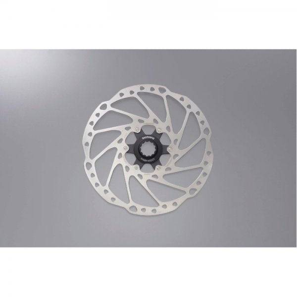 Shimano Deore SM-RT64 centre-lock disc brake rotor for cycling, showing the silver rotor with black mounting hub.