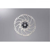 Shimano Deore SM-RT64 centre-lock disc brake rotor for cycling, showing the silver rotor with black mounting hub.