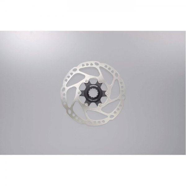 Shimano Deore SM-RT64 Centre-Lock disc brake rotor for bike, stainless steel, round shape with ventilation holes for reliable stopping power.