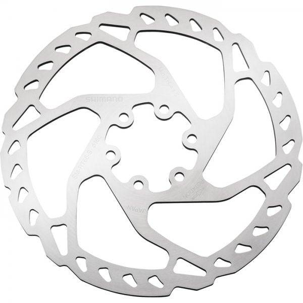 Shimano SLX SM-RT66 Zee 6-bolt brake rotor for mountain biking, compatible with metal brake pads, installed on bike wheel.