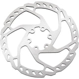 Shimano SLX SM-RT66 Zee 6-bolt brake rotor for mountain biking, compatible with metal brake pads, installed on bike wheel.