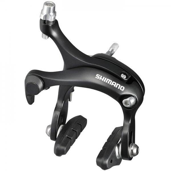 Shimano Tiagra R451 57mm road bike caliper brakes with Super SLR dual pivot mechanism, mounted on a bicycle wheel.