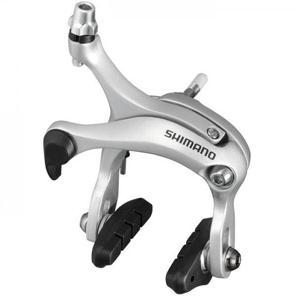 Shimano Tiagra R451 57mm road bike caliper brakes with Super SLR dual pivot mechanism, shown on a bicycle wheel.