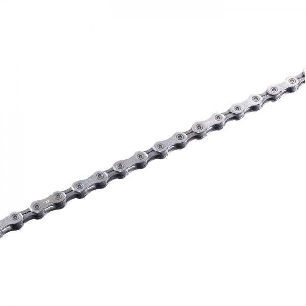 Shimano Ultegra CN-6701 HG 10-speed bike chain with 116 links, showing the gold and silver metal links and directional design.