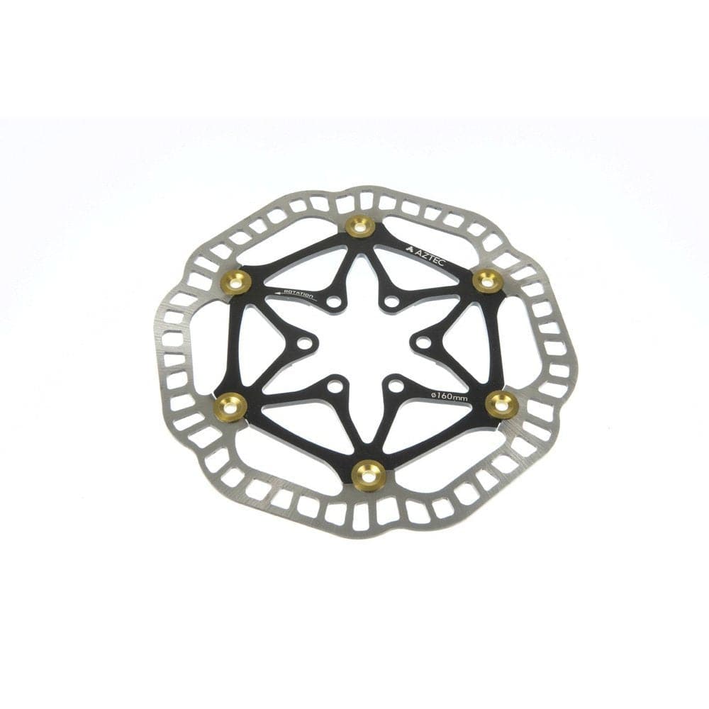 Aztec 180mm semi-floating bike disc brake rotor showing detailed vented design for high-performance cycling components.