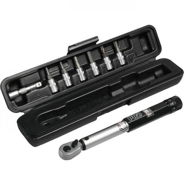 PRO Workshop torque wrench with 3/4/5/6mm Allen and T25/T30 sockets for precise bike repairs, featuring ergonomic handle and durable construction.