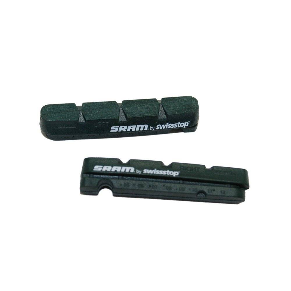 Pair of SRAM Red Force Rival brake pad inserts for road, TT, and triathlon bikes, showing the black brake pad components.