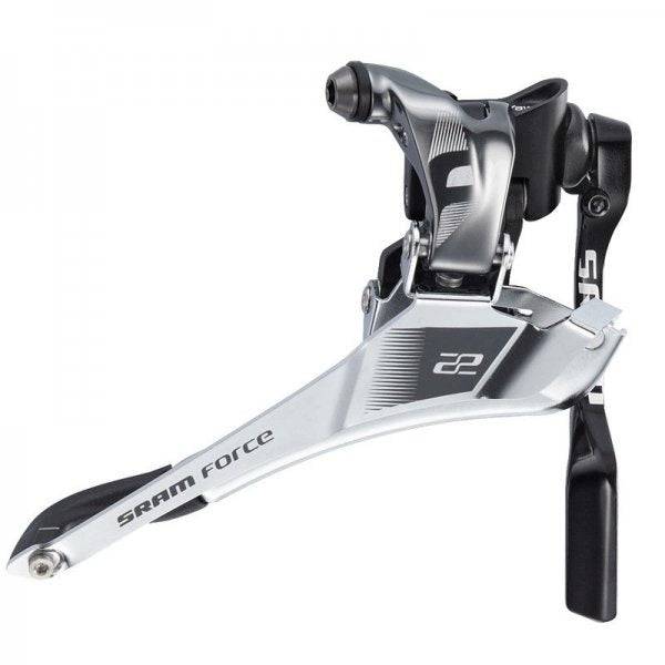 SRAM Force22 front derailleur with Yaw braze-on and chain spotter for road bike components, showing the derailleur's detailed construction.
