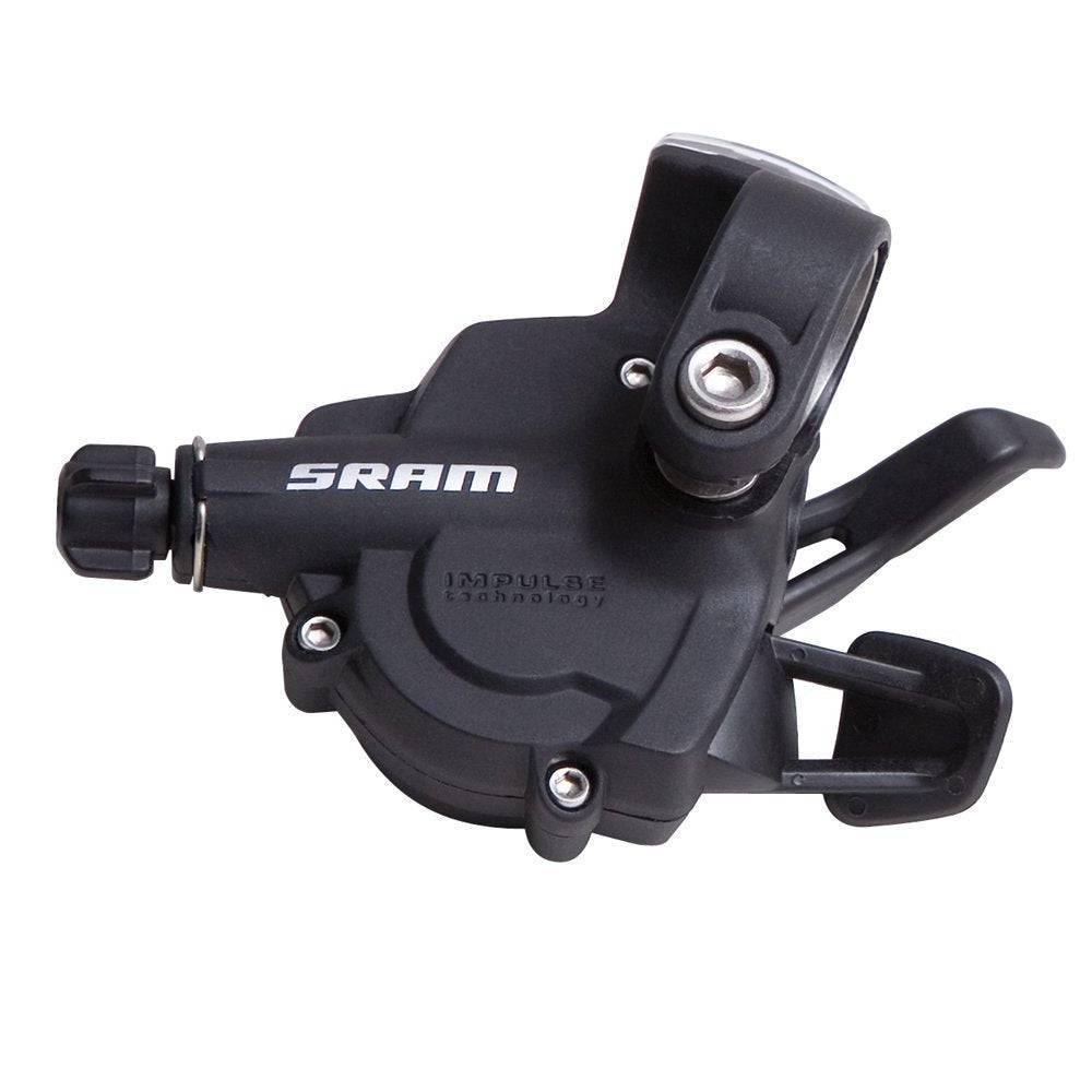 SRAM X3 7-speed MTB rear trigger shifter for mountain bikes, showing the ergonomic design and gear indicator.
