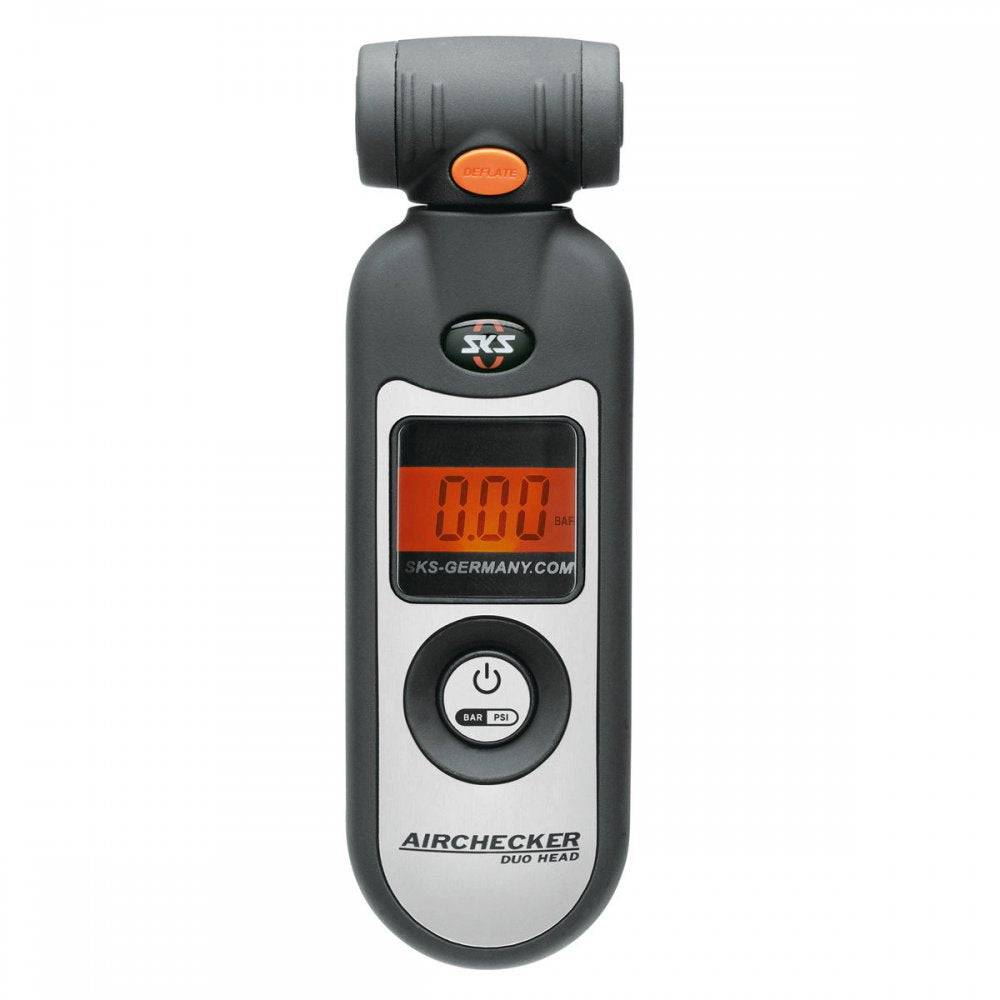 SKS Airchecker digital tyre pressure gauge with backlit display and swivelling duo head, accessory for accurate bike tyre inflation.