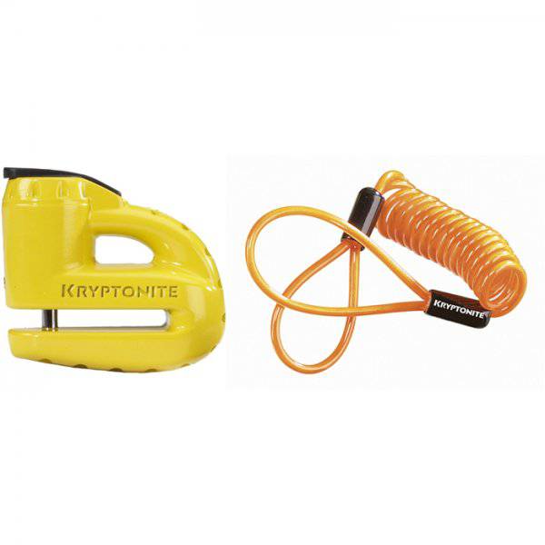 Kryptonite Keeper 5-S scooter disc lock with bright yellow reminder cable, durable security accessory for scooters.