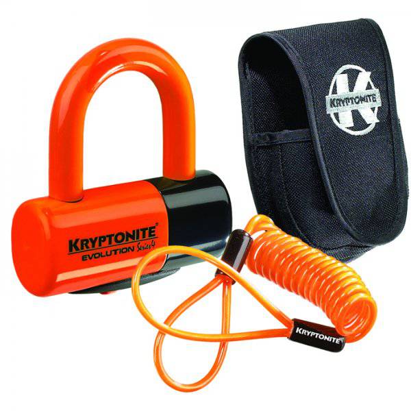 Kryptonite Evolution Disc Lock Premium Pack in orange with pouch and reminder cable, offering secure bike lock accessories.