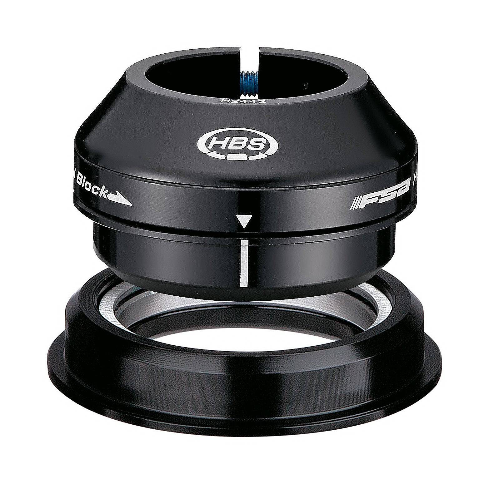 FSA No.57 HBS blocking headset V2 for 1.1/8" to 1.1/4" tapered forks, 44/56mm, bicycle components with black finish.
