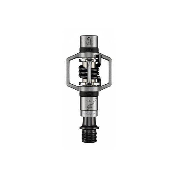 Crankbrothers Eggbeater 2 silver and black XC racing pedals with brass cleats for mountain biking.