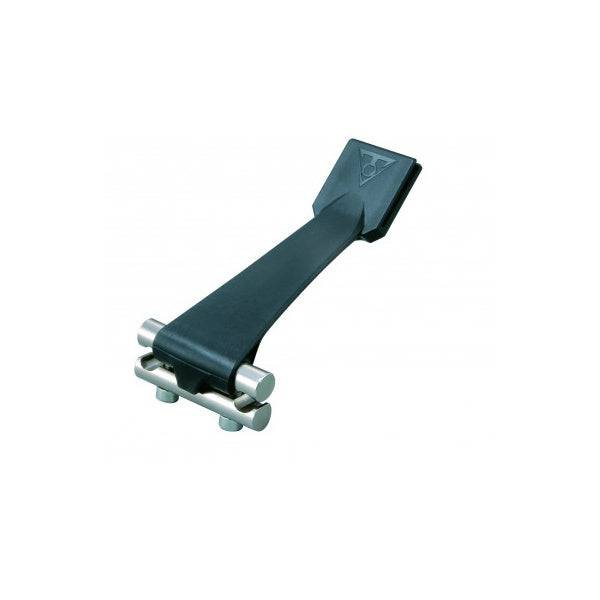 Topeak Fixer F33 bike saddle mount for bags and accessories, black, showing secure attachment to bike saddle rails