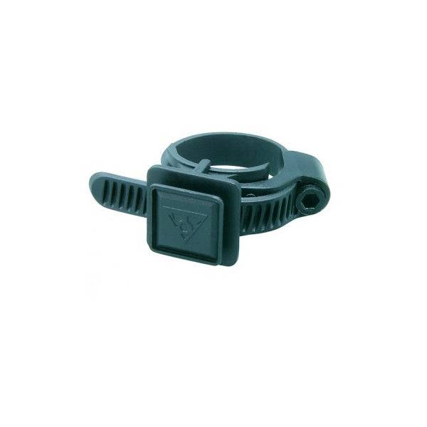 Topeak Fixer F55 bike mount holder in black for phones and tools, attached to a bicycle handlebar.