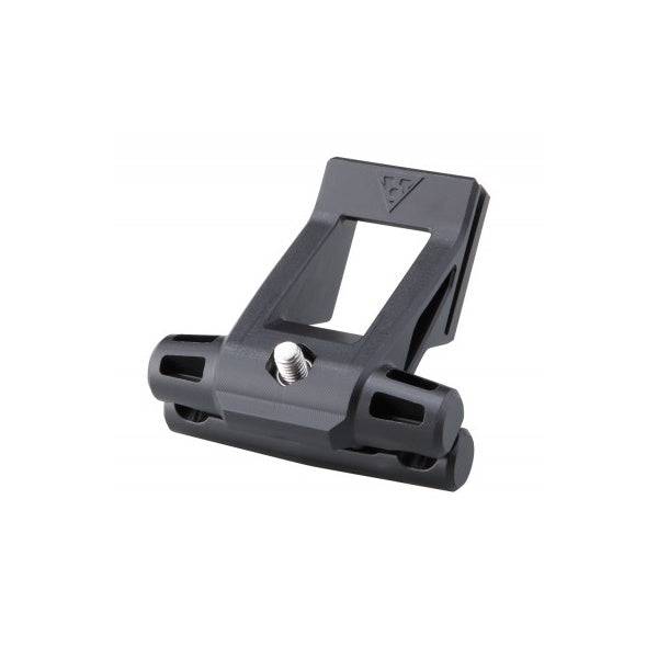 Topeak Fixer F25 black bike saddle accessory mount attached to a bike, lightweight and secure for carrying accessories.