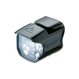 Topeak Whitelite Race black front bike light with two LEDs and CR2032 batteries, designed for cycling safety.