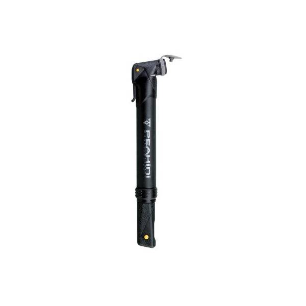 Topeak Peakini II black compact bike pump for quick tire inflation, shown mounted on a bicycle.