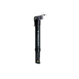 Topeak Peakini II black compact bike pump for quick tire inflation, shown mounted on a bicycle.