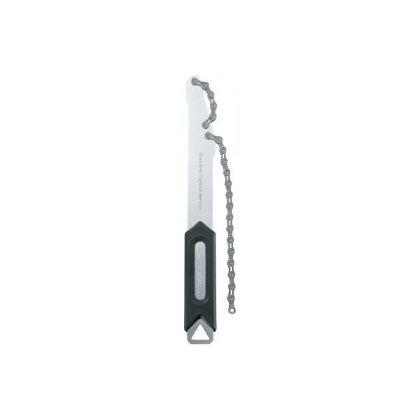 Topeak Chain Whip Sprocket Remover Tool for bike gear maintenance, white and black color, used in workshop settings