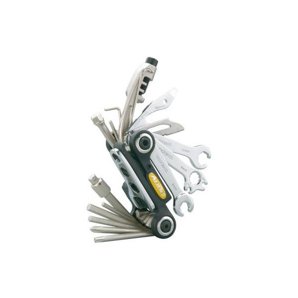 Topeak Alien II multi-tool in black and yellow, compact bike repair workshop tool with various screwdrivers and hex wrenches.