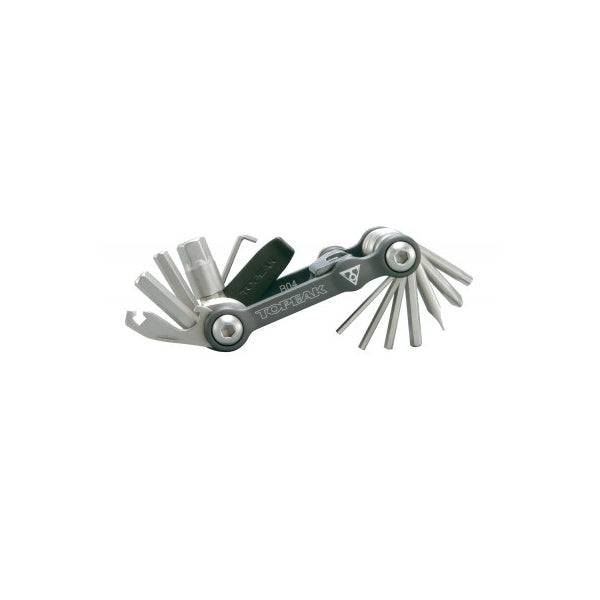 Topeak Mini 18 multi-tool for bikes, compact black and silver workshop repair set with various screwdrivers and wrenches.