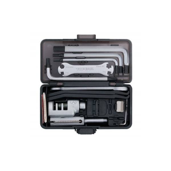 Topeak Survival Gear Box multi-tool kit in black and silver, designed for bike repairs, featuring various tools and components.