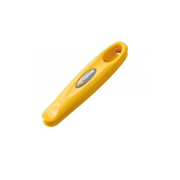 Topeak Shuttle Levers 1.1 yellow tire levers for bike tube removal and repair, shown in workshop setting.