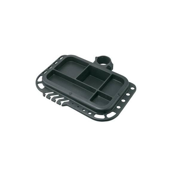 Topeak black and silver bike tool tray accessory for organizing tools and small parts on bike stands.