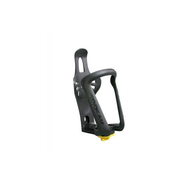 Topeak Modula Cage Ex adjustable bike water bottle cage mounted on a bicycle frame for secure hydration.
