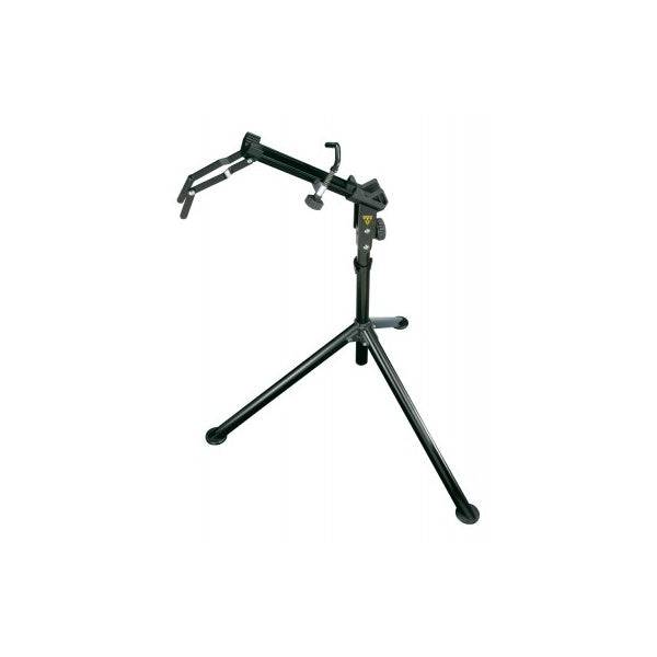 Topeak Prepstand Max bike repair stand with adjustable clamp and folding design, black, showing the sturdy frame and clamp mechanism.