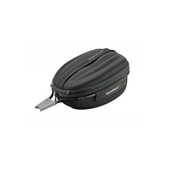 Topeak Dynapack DX black expandable bike seatpost bag with helmet storage, reflective safety features, and secure attachment straps.