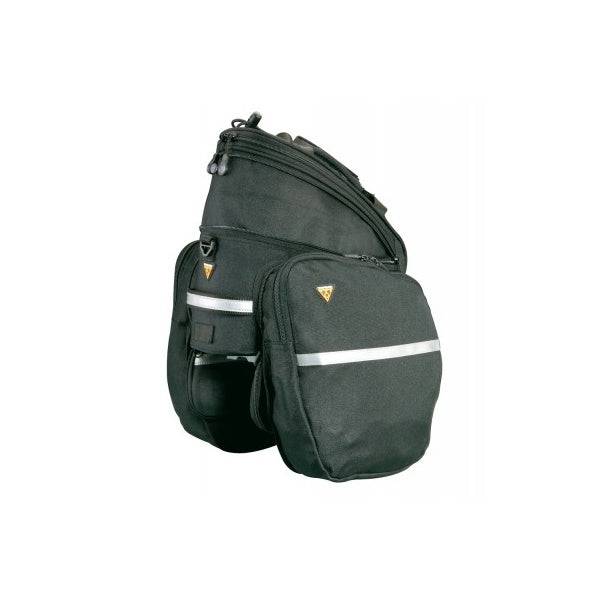 Topeak RX TrunkBag DXP black rear bike rack bag with quick-track mount, expandable and designed for cycling accessories.