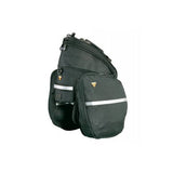 Topeak RX TrunkBag DXP black rear bike rack bag with quick-track mount, expandable and designed for cycling accessories.