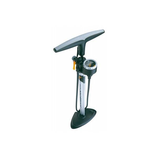 Topeak JoeBlow Sprint floor pump in silver and black with twin head valve and pressure gauge for precise tire inflation.