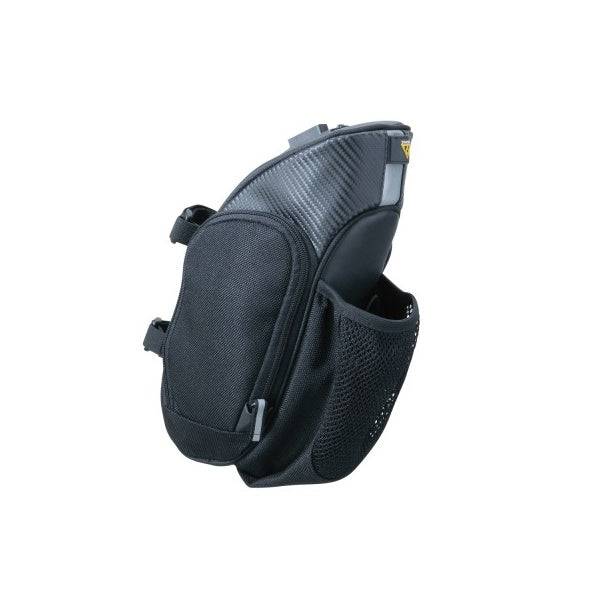 Topeak Mondopack XL Hydro black bike seat pack with external water bottle pocket and durable strap attachment.