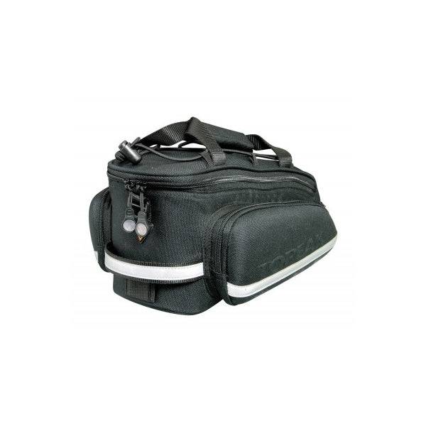Topeak RX TrunkBag EX in black, compact rear rack bike bag with QuickTrack mount, designed for cycling accessories.