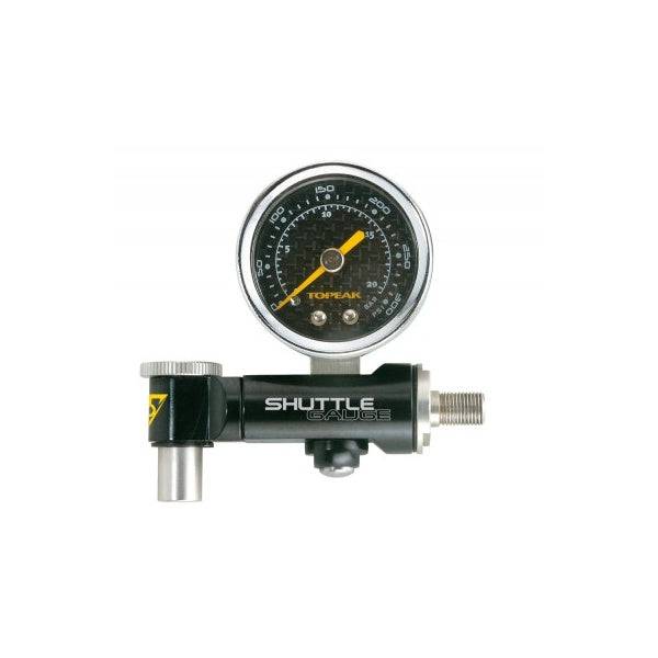 Topeak Shuttle Gauge mini pressure gauge in black with bag, showing 300psi for Presta and Schrader bike valves.