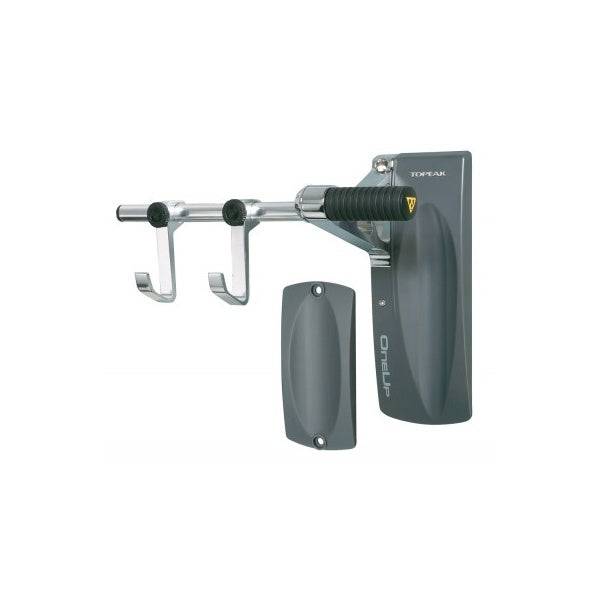 Topeak One Up bike holder with adjustable hooks and rear wheel plate in black, suitable for bike storage and transport.