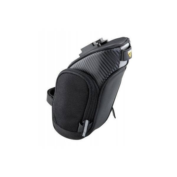 Topeak Mondopack Compact Seat Pack in black with QuickClick™ mount and reflective strip attached to bike saddle
