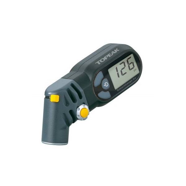 Topeak Smarthead Gauge D2 digital tire pressure gauge with display, compatible with Presta and Schrader valves.
