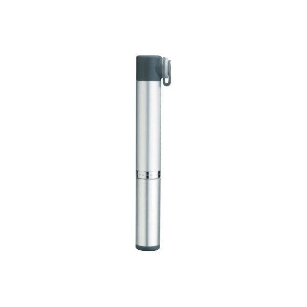 Topeak Micro Rocket AL silver compact aluminum bike pump with Presta valve and mounting bracket for cycling accessories.
