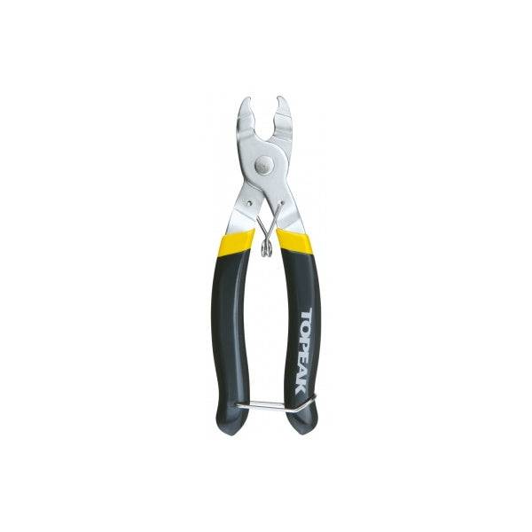 Topeak Powerlink Pliers black and yellow bike chain master link removal tool for workshop use, designed for easy chain link removal.