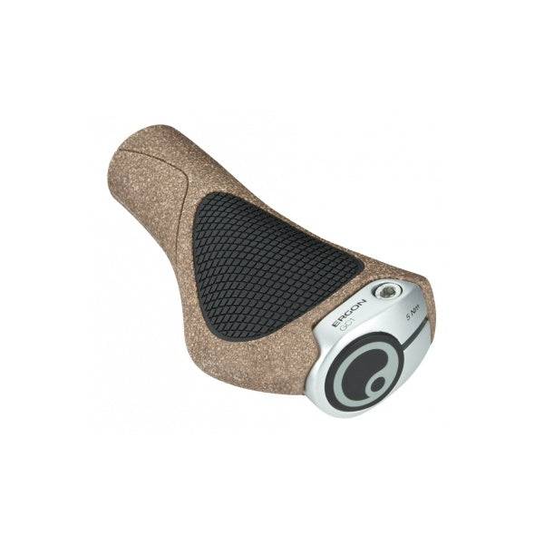 Ergon GC1 Biokork brown and black ergonomic bike grips for backward-swept handlebars, designed for comfortable cycling.