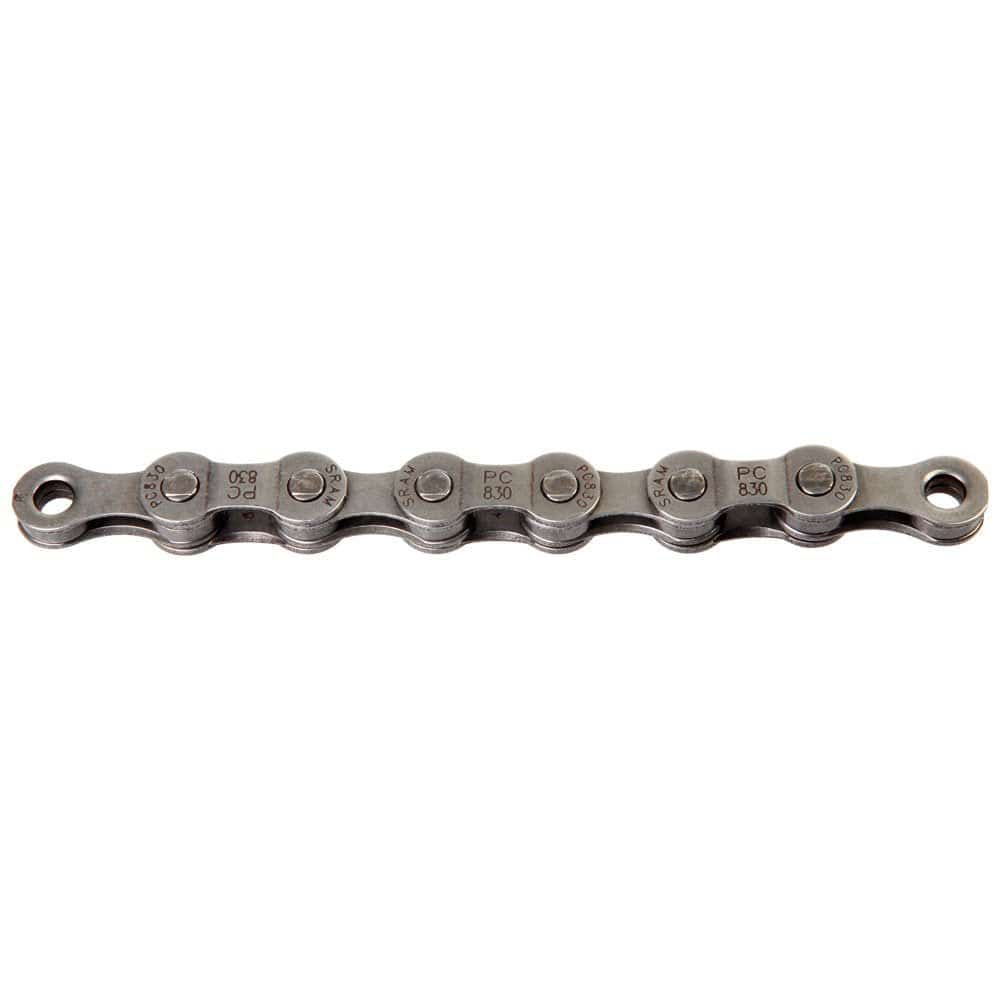 SRAM PC830 Grey 7/8-speed bike chain with 114 links and PowerLink closure, designed for durable bike component performance.